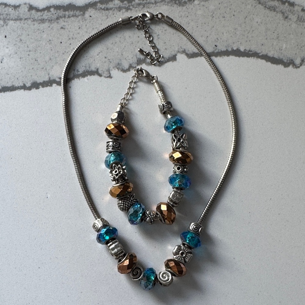 Brown and Blue Beaded Necklace Set